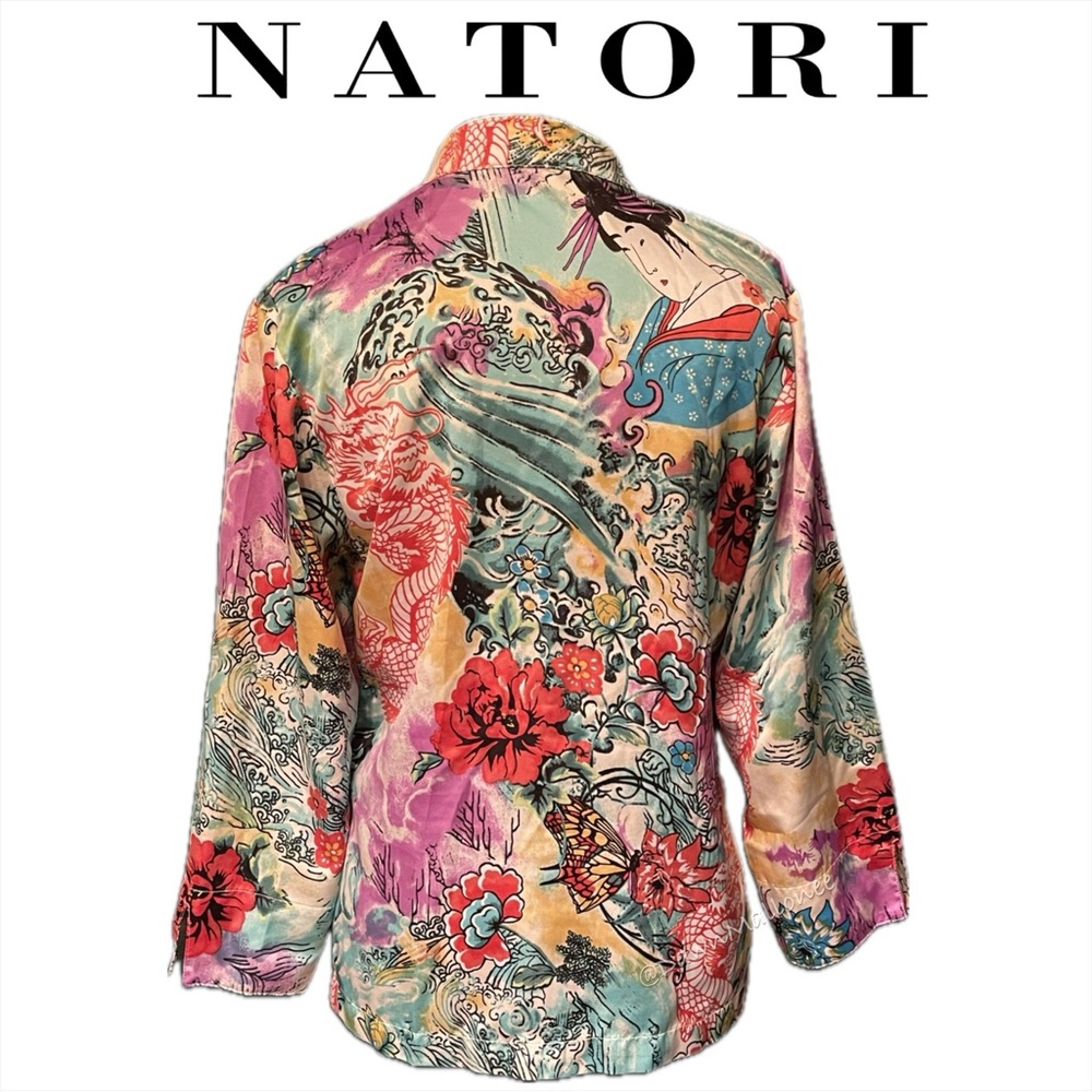 Satin NATORI Button Mandarin Collar Geisha Asian Dragon Print Long Sleeve Top S - Picture 2 of 6